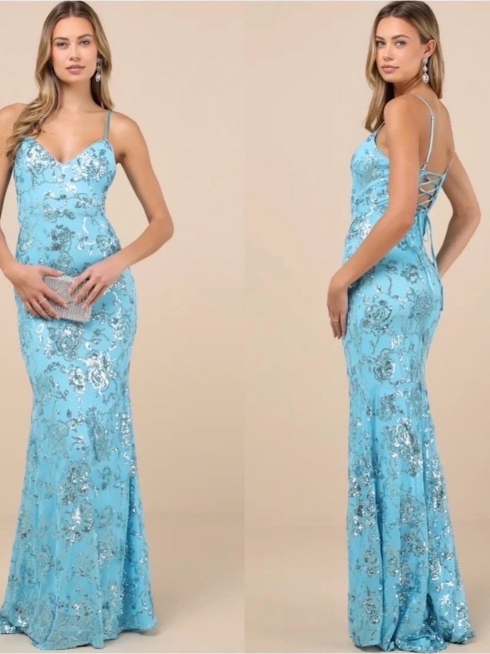 Lulu's Aqua Sequin Floral Lace-Up Back Blue Aqua Prom Evening Dress size Large